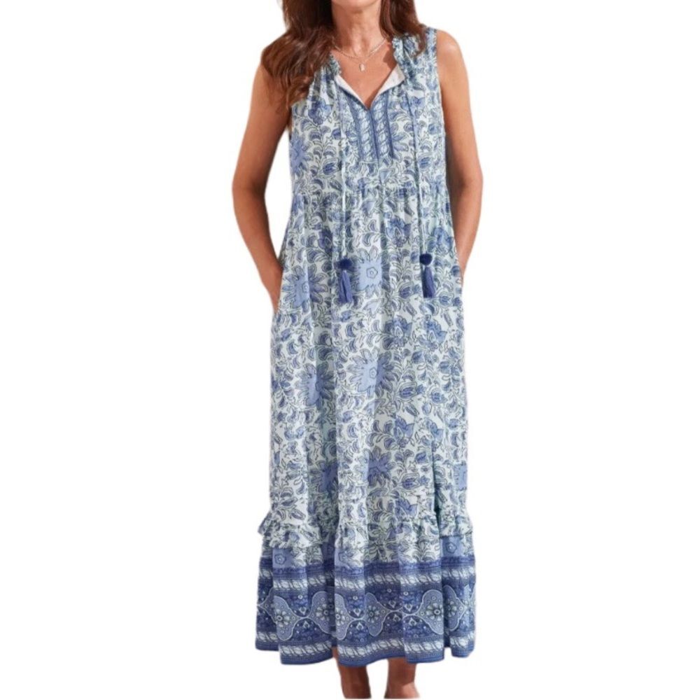 Tribal Blue Floral Maxi Dress with Pom Pom Tie and Pockets Lined Size S